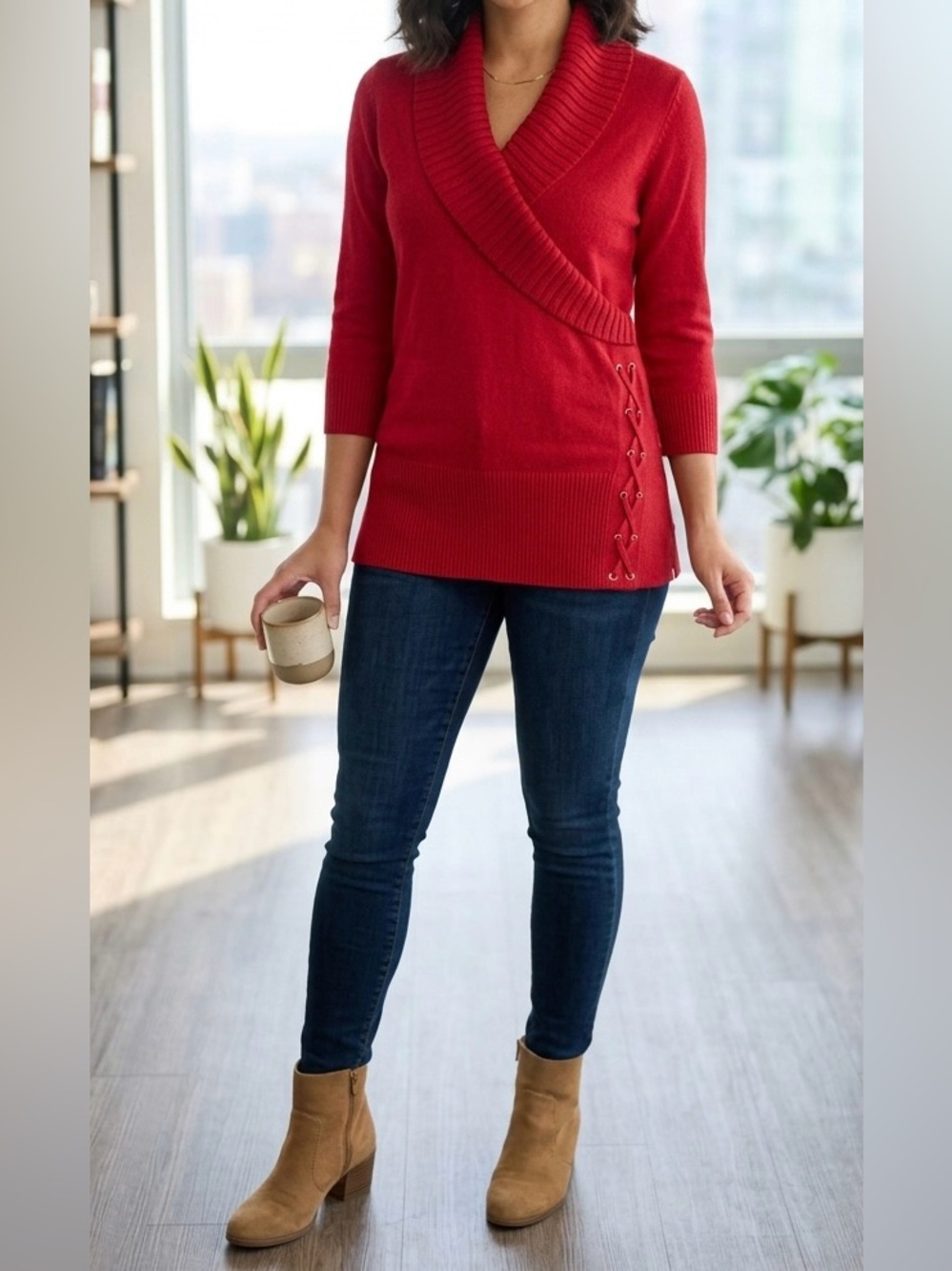 Style & Co Red Cowl Neck Shawl Faux-Wrap Pullover Sweater Size Large